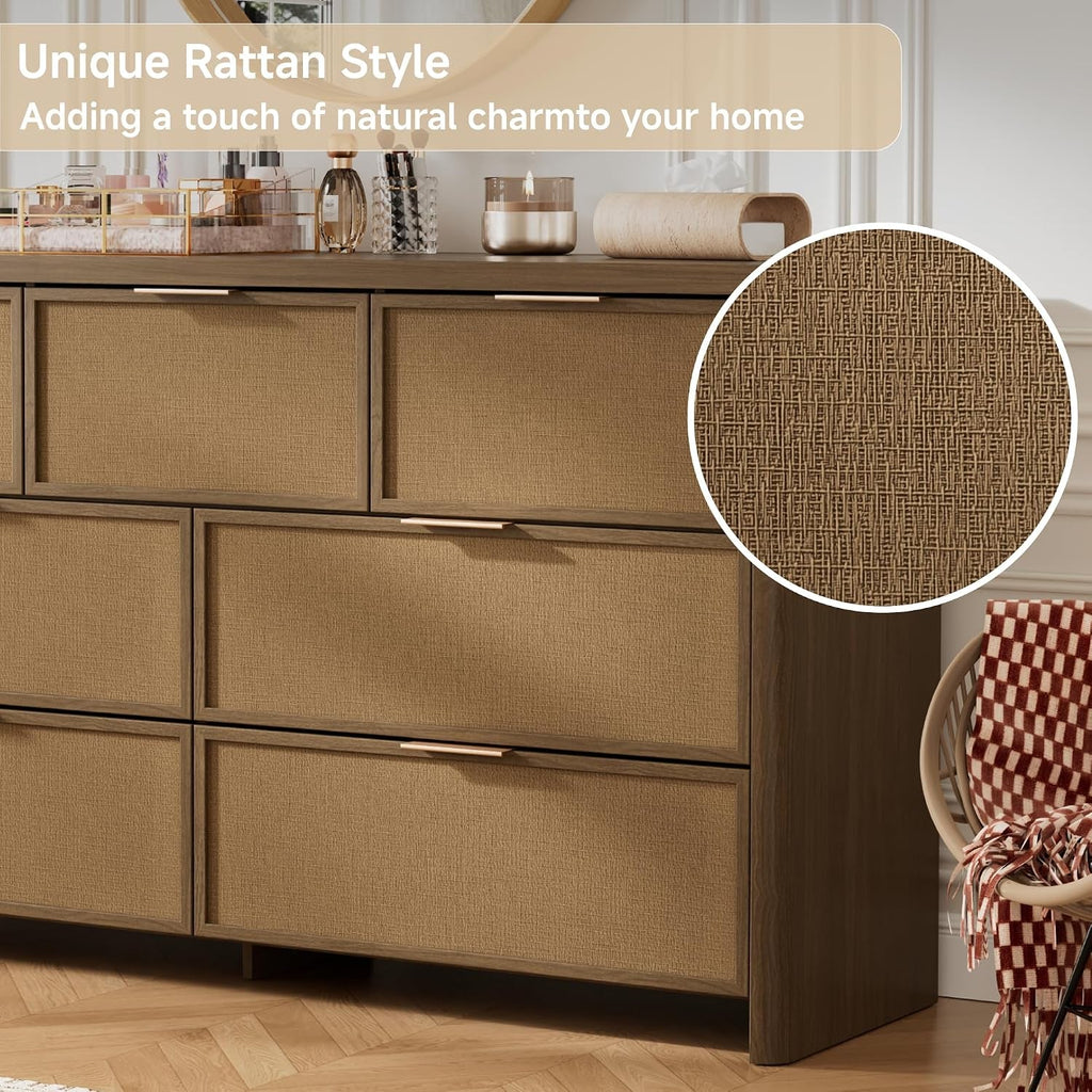 Rattan 7 Drawer Dresser for Bedroom, 55" Wide Curved Dressers & Chests of Drawers with 7 Deep Drawers