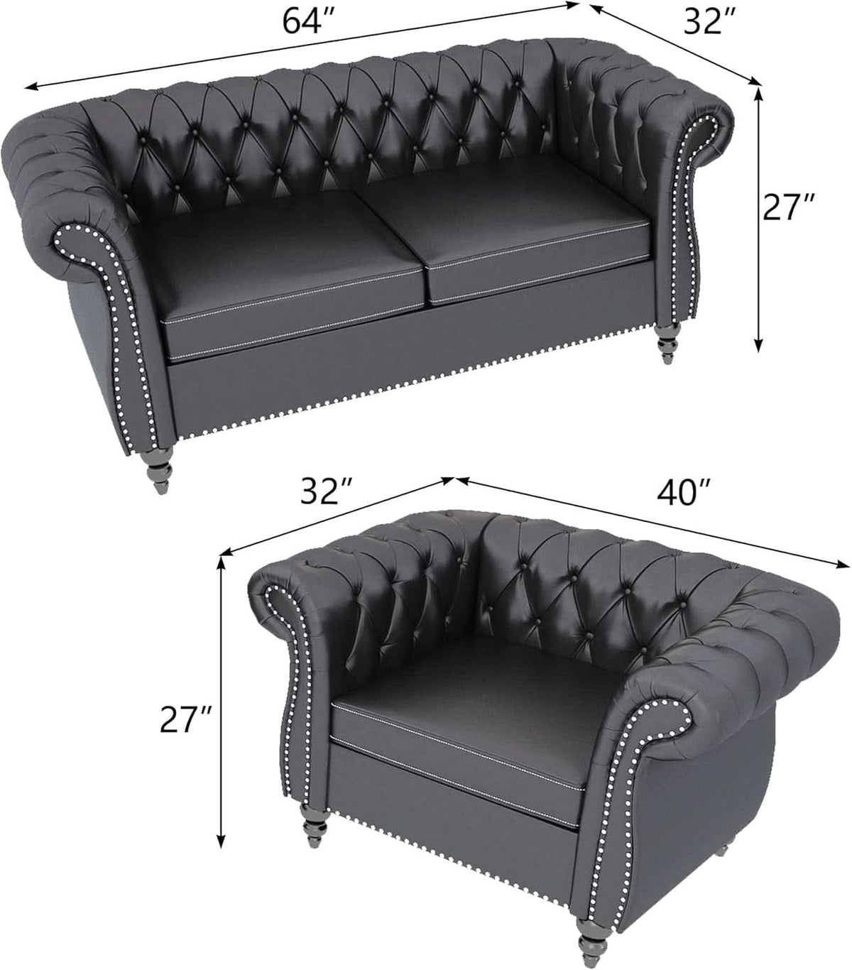 Sectional PU Leather Modular Sofa Couches, Black Tufted Cushions