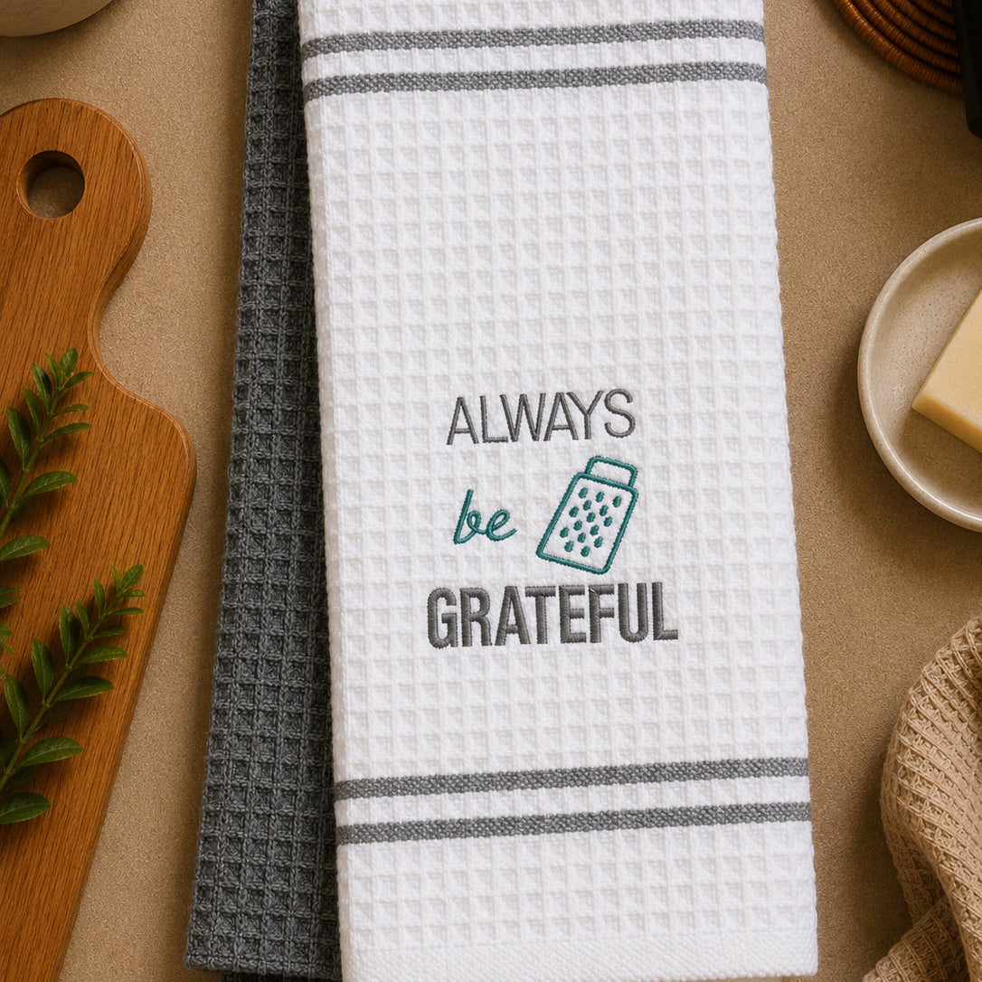 Set of embroidered kitchen towels with "Always Be Grateful" message by PressMark Studio, featuring decorative embroidery and soft fabric.