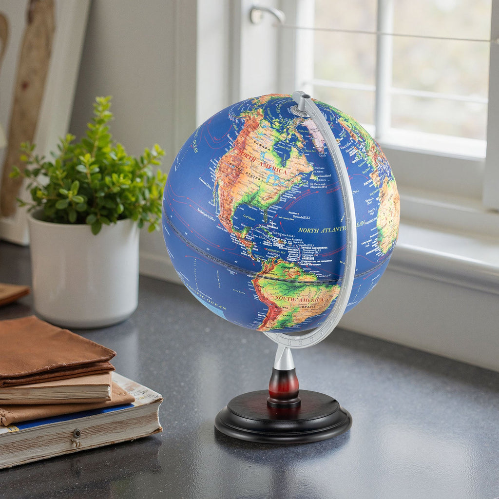 12-inch illuminated world globe by DirectDeals, antique-style night lamp with built-in light, showcasing detailed map and global features.