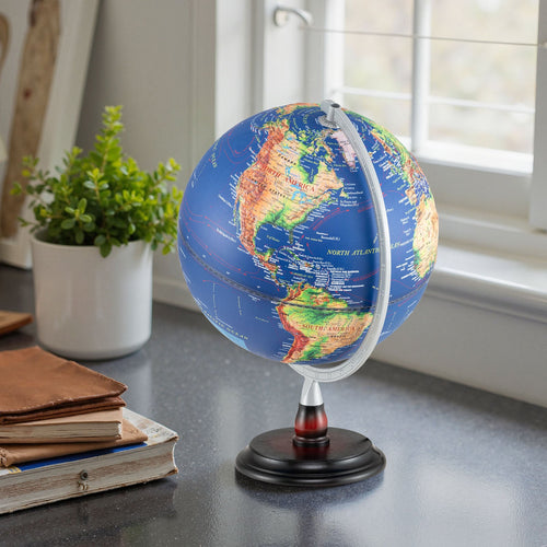 12-inch illuminated world globe by DirectDeals, antique-style night lamp with built-in light, showcasing detailed map and global features.