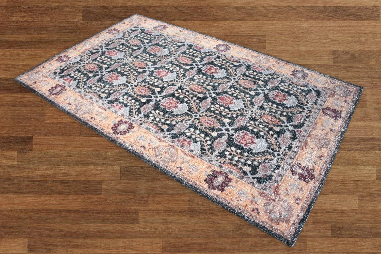 Multi Sizes Micro Printed Hand Woven Polyester Oriental Area Rug Charcoal, Peach Color
