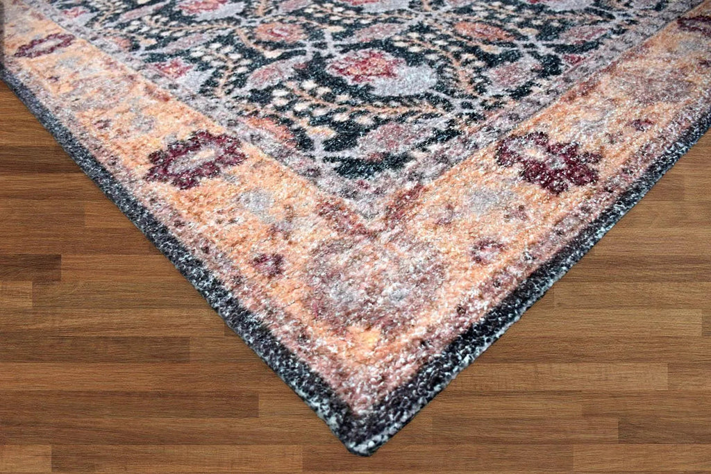 Multi Sizes Micro Printed Hand Woven Polyester Oriental Area Rug Charcoal, Peach Color