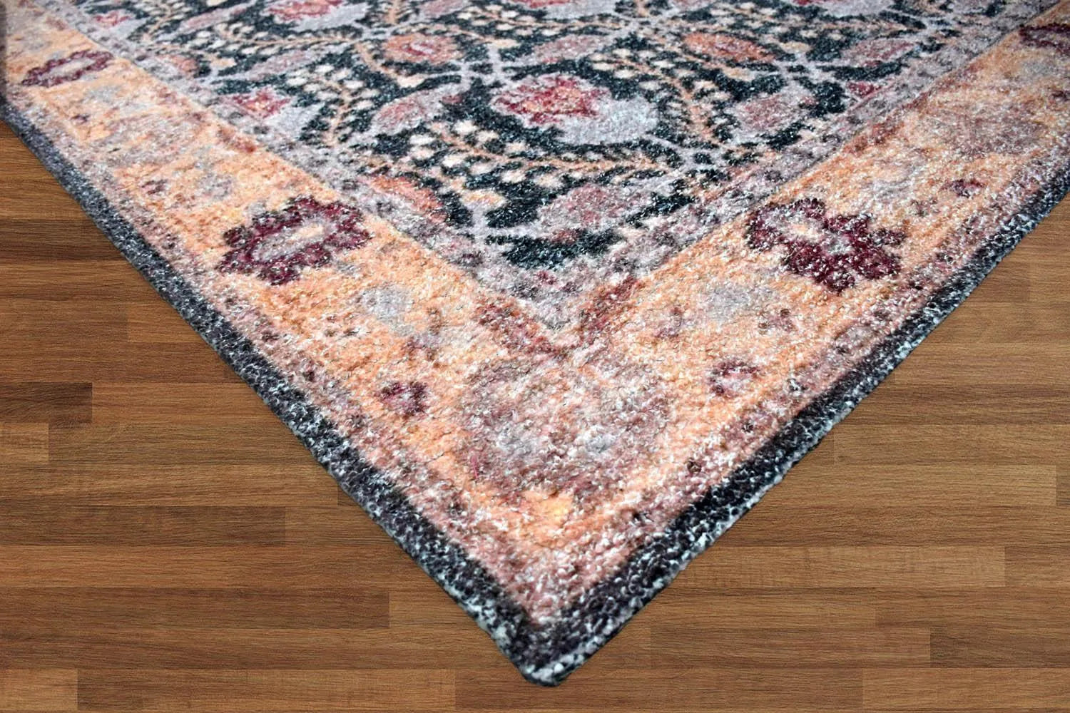 Multi Sizes Micro Printed Hand Woven Polyester Oriental Area Rug Charcoal, Peach Color