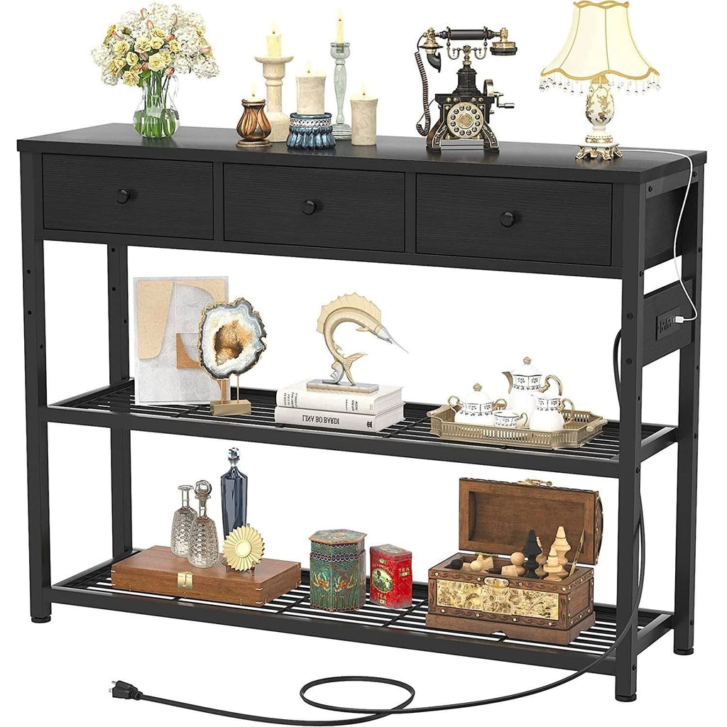 Black Console Table With USB Ports And Outlets For Living Room