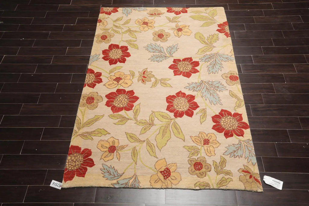 5'6''x8'6'' Hand Knotted Tibetan 100% Wool Transitional Oriental Area Rug Beige, Lime Color