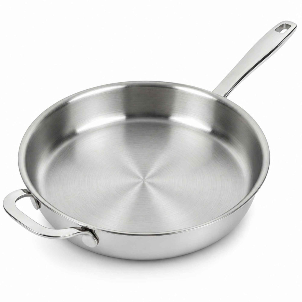 Alva Cookware 5-Ply stainless steel frying pan with a long handle, showing a polished shiny surface and cooking interior.