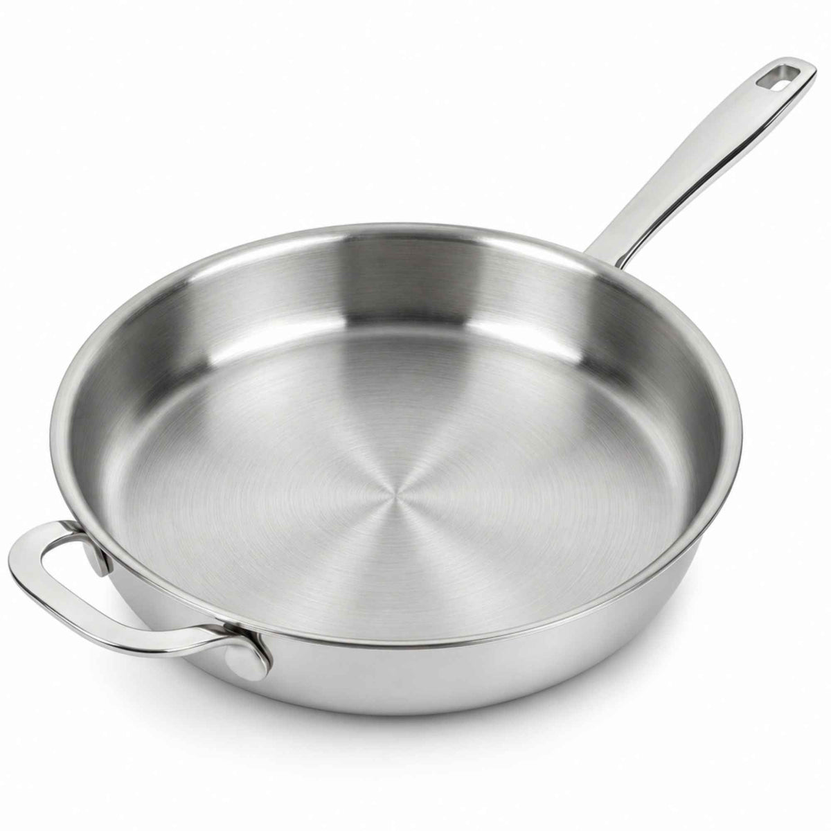 Alva Cookware 5-Ply stainless steel frying pan with a long handle, showing a polished shiny surface and cooking interior.