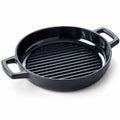 Enameled cast iron grill pan from Alva Cookware, 11-inch size, with ridged surface for grilling vegetables and meats.