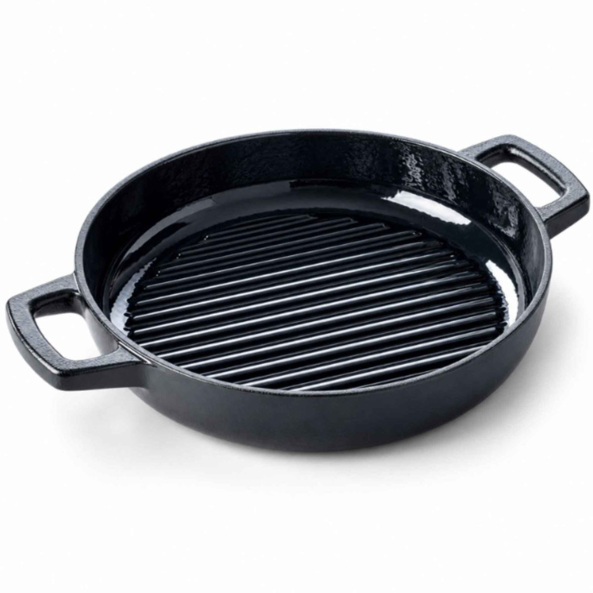 Enameled cast iron grill pan from Alva Cookware, 11-inch size, with ridged surface for grilling vegetables and meats.