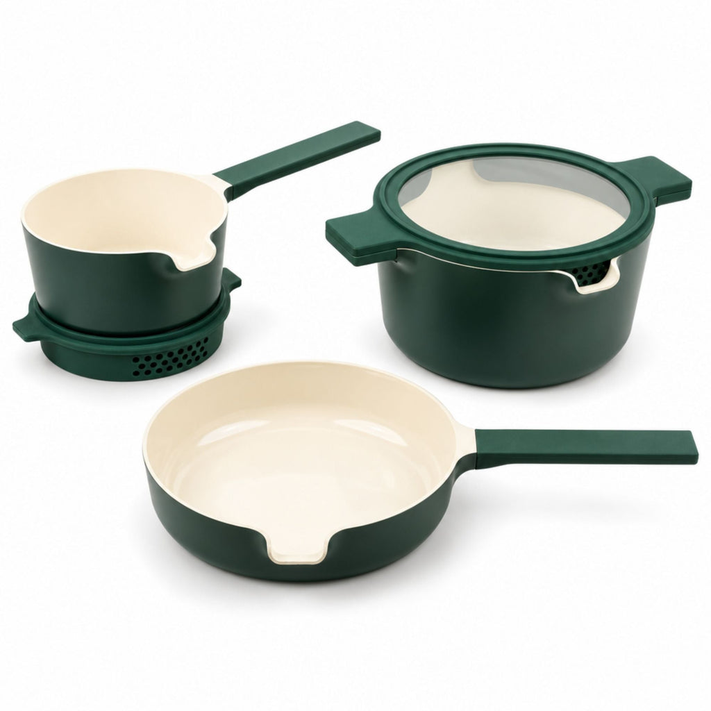 Alva Cookware Nesting Ceramic Nonstick Cookware Set with five pots and pans, featuring colorful lids and ergonomic handles.