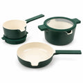 Alva Cookware Nesting Ceramic Nonstick Cookware Set with five pots and pans, featuring colorful lids and ergonomic handles.