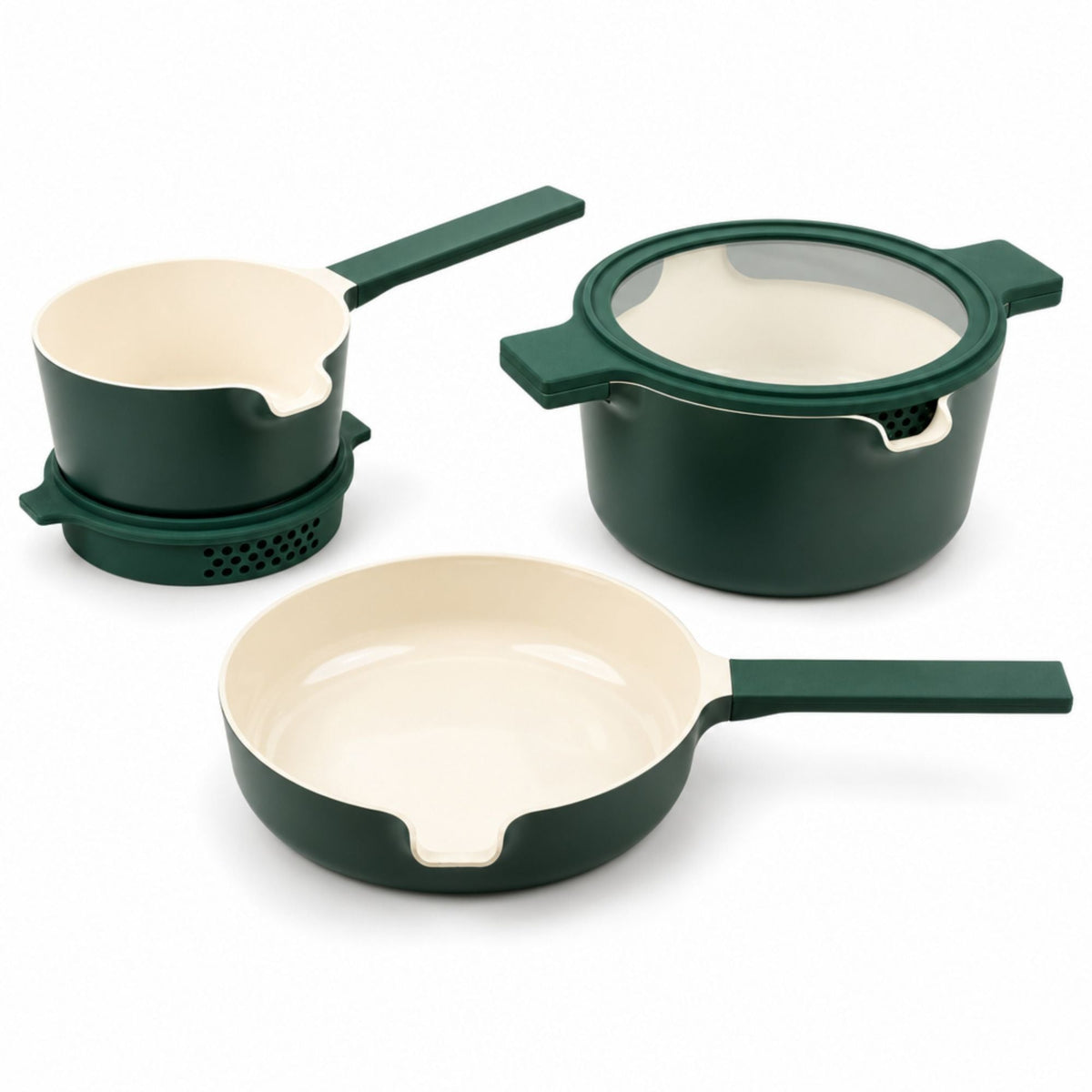 Alva Cookware Nesting Ceramic Nonstick Cookware Set with five pots and pans, featuring colorful lids and ergonomic handles.