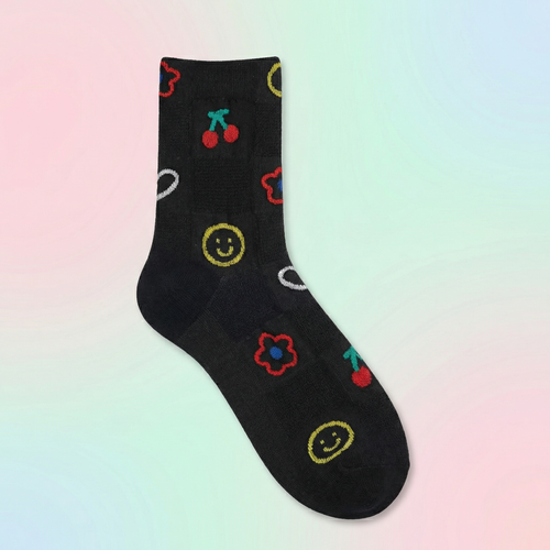2000s Symbols Pattern Women's Crew Socks in Black [Size 5-10] (Women's Socks) product photo