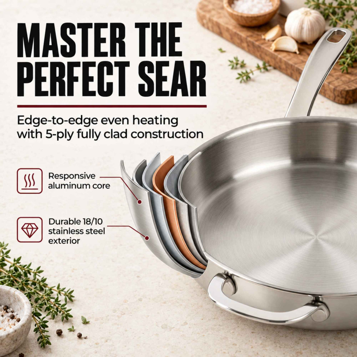 Alva Cookware 5-Ply Stainless Steel Frying Pan showing a shiny, durable pan with a black handle on a stovetop.