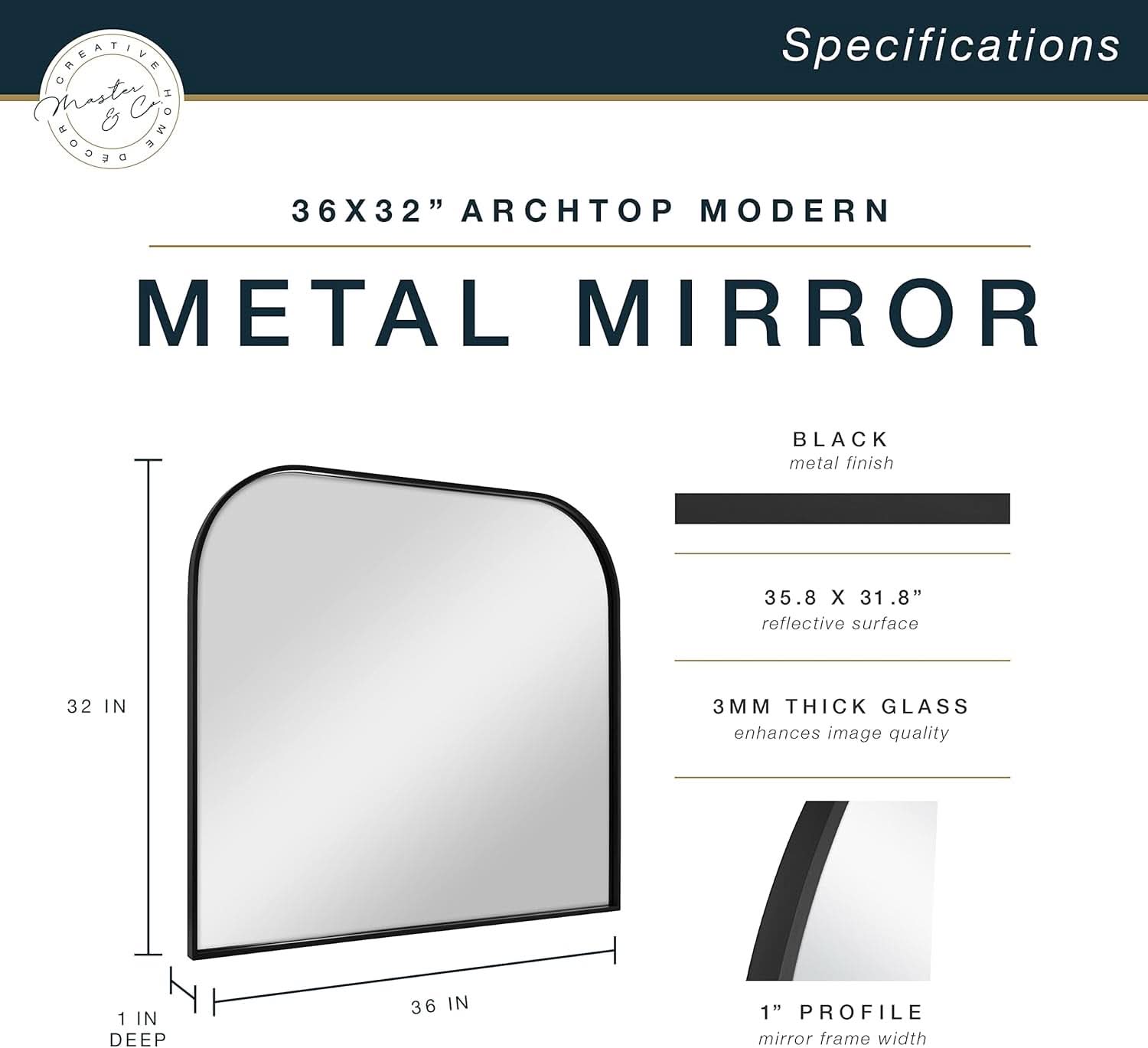 Master And Co Modern Metal Arch Wall Mirror 36x32 Black