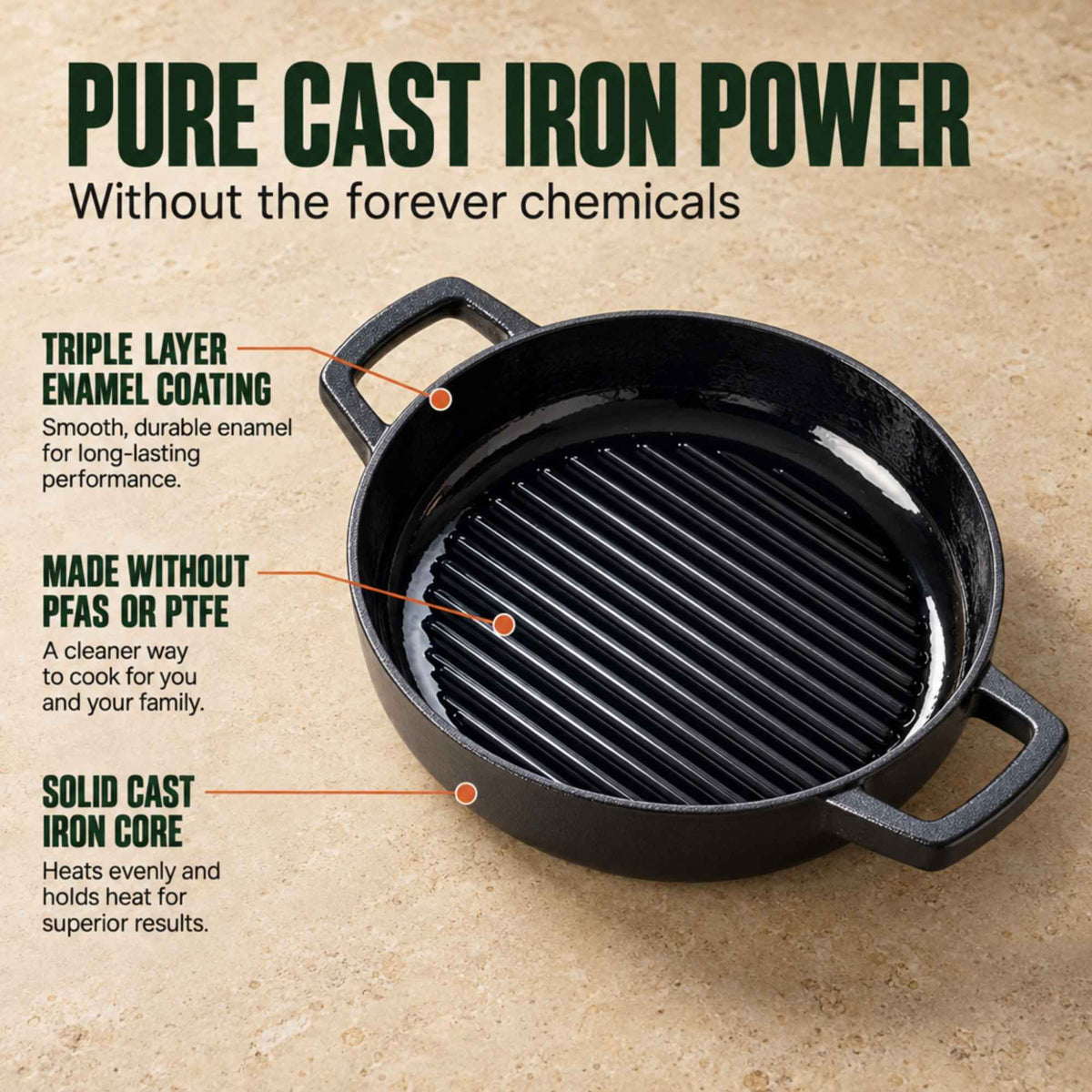 Alva Cookware 11-inch enameled cast iron grill pan with ridged cooking surface and black exterior.