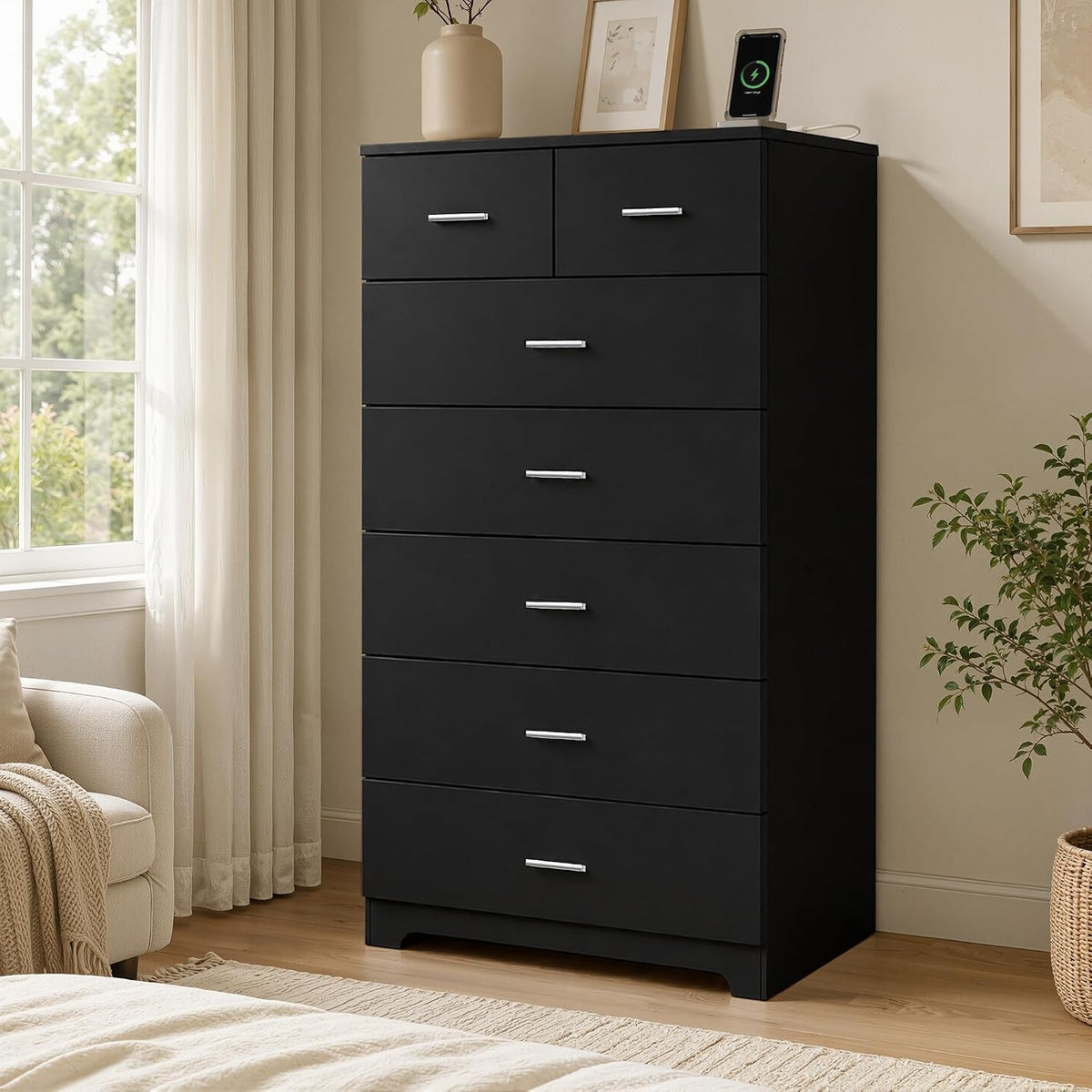 47.3" Tall Dresser with Charging Station Wooden 7 Drawer Dressers for Bedroom Chest of Drawers
