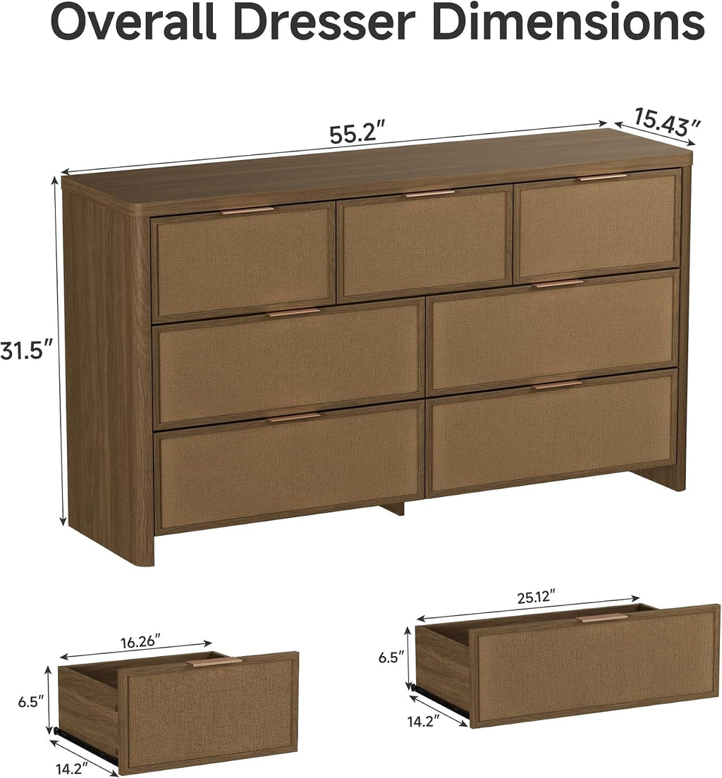 Rattan 7 Drawer Dresser for Bedroom, 55" Wide Curved Dressers & Chests of Drawers with 7 Deep Drawers