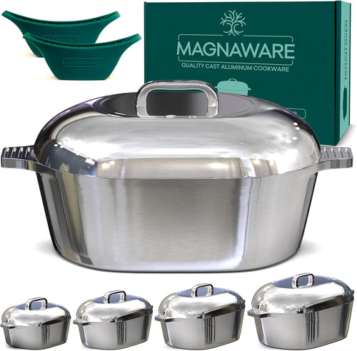 Set of four MAGNAWARE cast aluminum oval Dutch ovens in sizes 11 to 18 inches, featuring durable, lightweight cookware with polished finishes.
