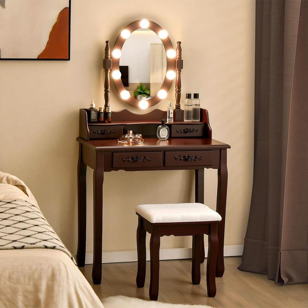Espresso Vanity Table With Illuminated Mirror Light
