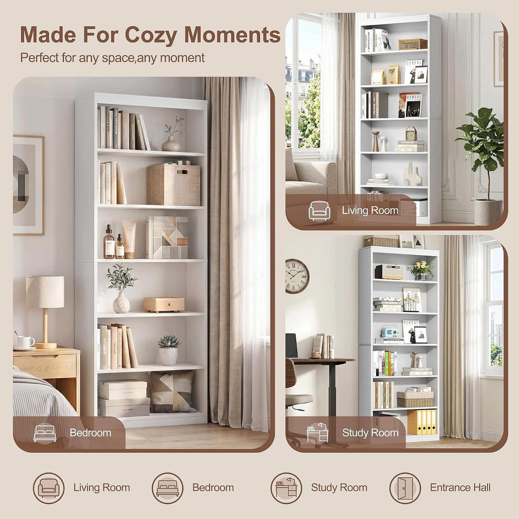 White Six Tier Modern Bookshelf Contemporary Home Storage Rack