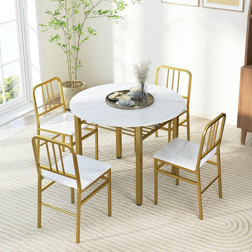 Round dining table set with storage shelf, featuring five matching chairs for a stylish dining room setup by DirectDeals.