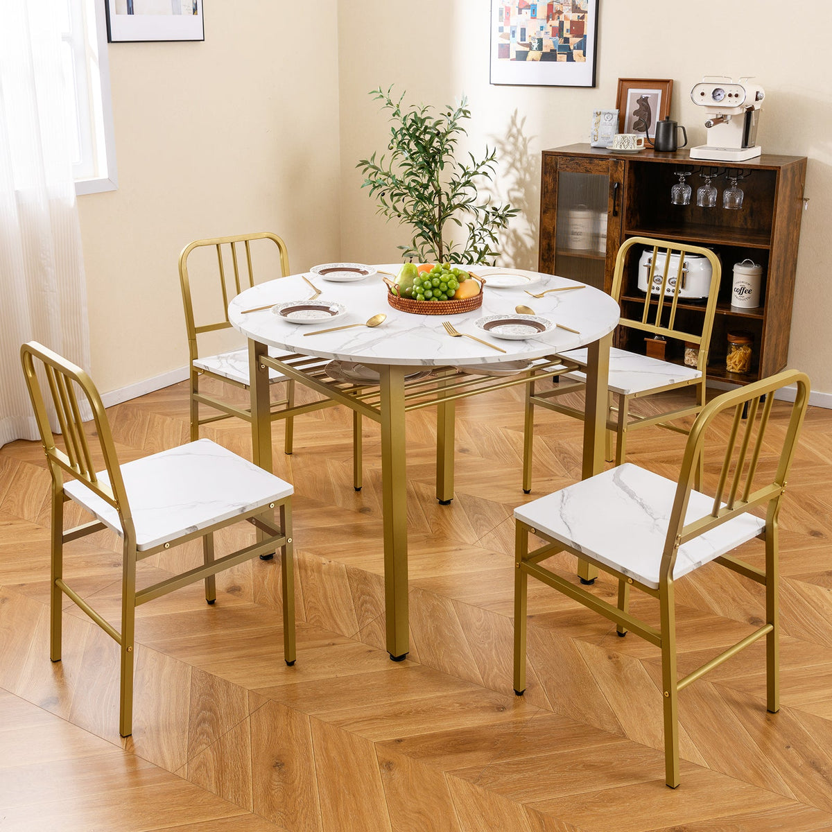 Round 5-piece dining table set with storage shelf from DirectDeals, featuring a smooth tabletop and sturdy legs for dining room use.
