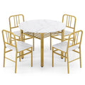 Round dining table set with four matching chairs and a built-in storage shelf, perfect for a modern dining room.