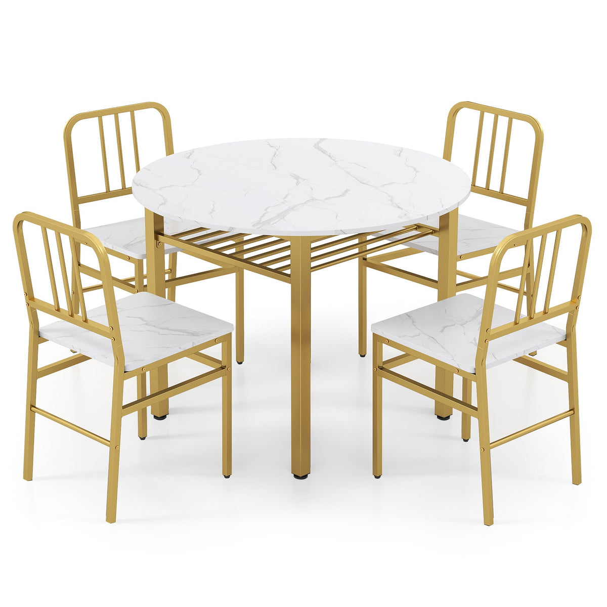 Round dining table set with four matching chairs and a built-in storage shelf, perfect for a modern dining room.