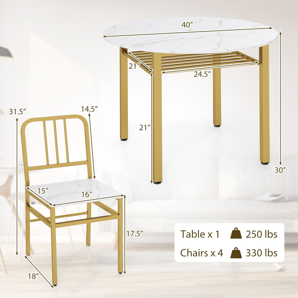 Round dining table set with five pieces and built-in storage shelf, ideal for modern dining rooms, by DirectDeals.