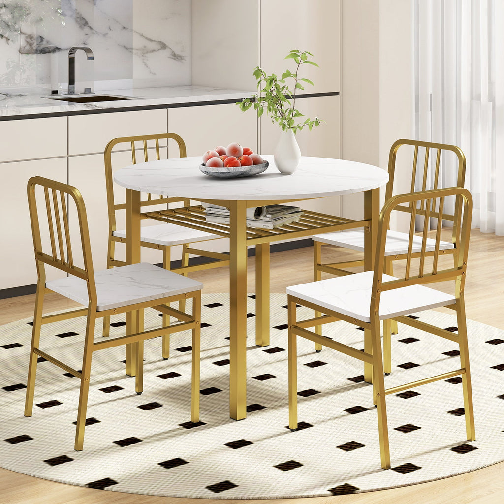 Round wooden dining table set with four matching chairs and a built-in storage shelf, ideal for a modern dining room.