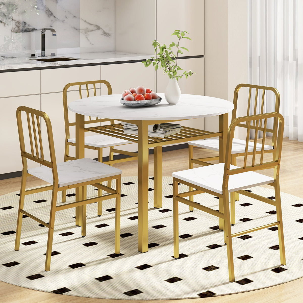 Round wooden dining table set with four matching chairs and a built-in storage shelf, ideal for a modern dining room.