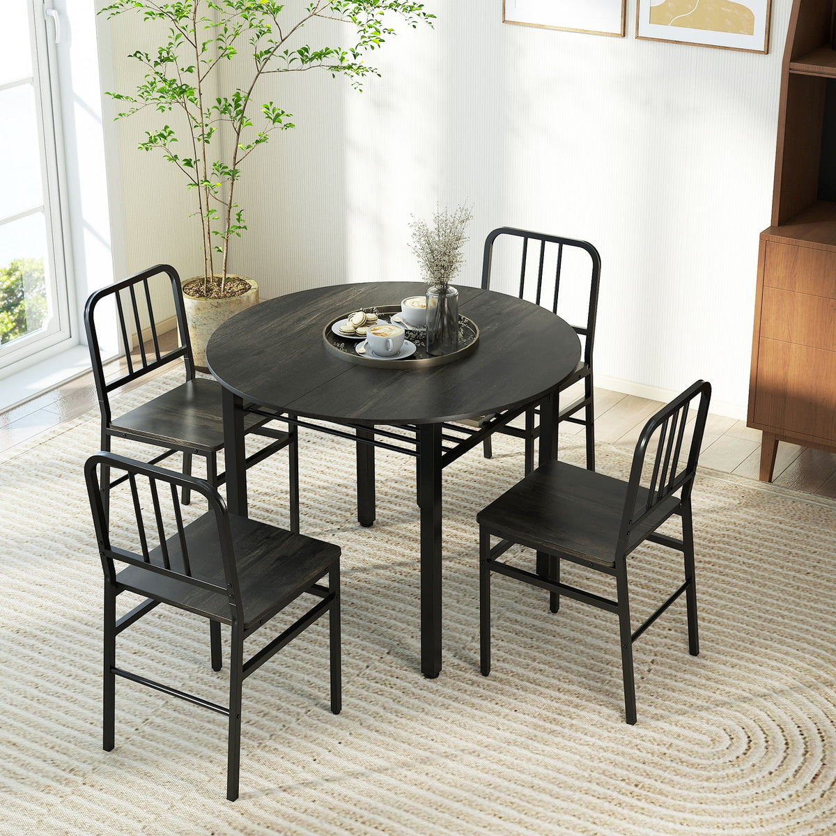 Round dining table set with storage shelf by DirectDeals, includes four chairs and a central table for a modern dining room.