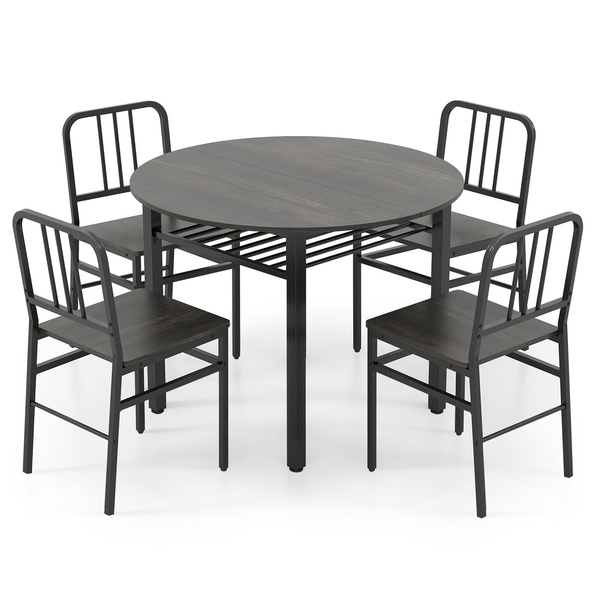 Round dining table set with five pieces and built-in storage shelf, ideal for modern dining rooms, by DirectDeals.