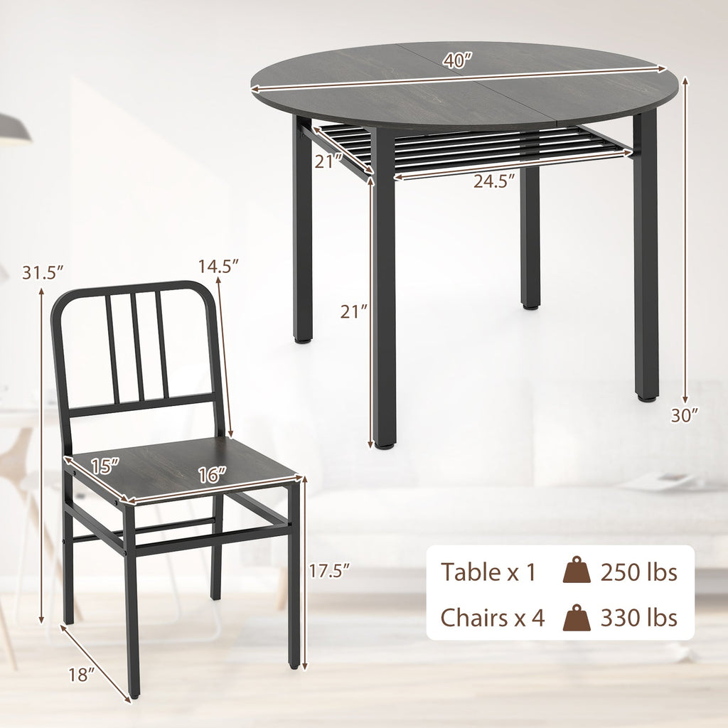 Round dining table set with storage shelf from DirectDeals, includes four chairs and a sturdy central table for dining room use.