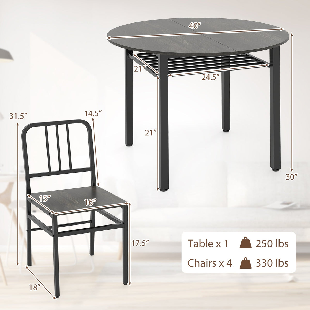Round dining table set with storage shelf from DirectDeals, includes four chairs and a sturdy central table for dining room use.
