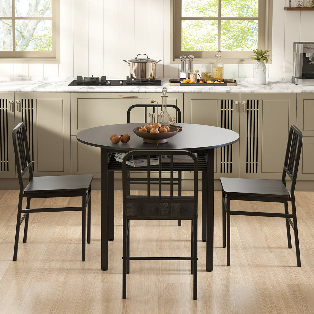 Round dining table set with storage shelf in a dining room, includes four chairs and a central table for family meals.