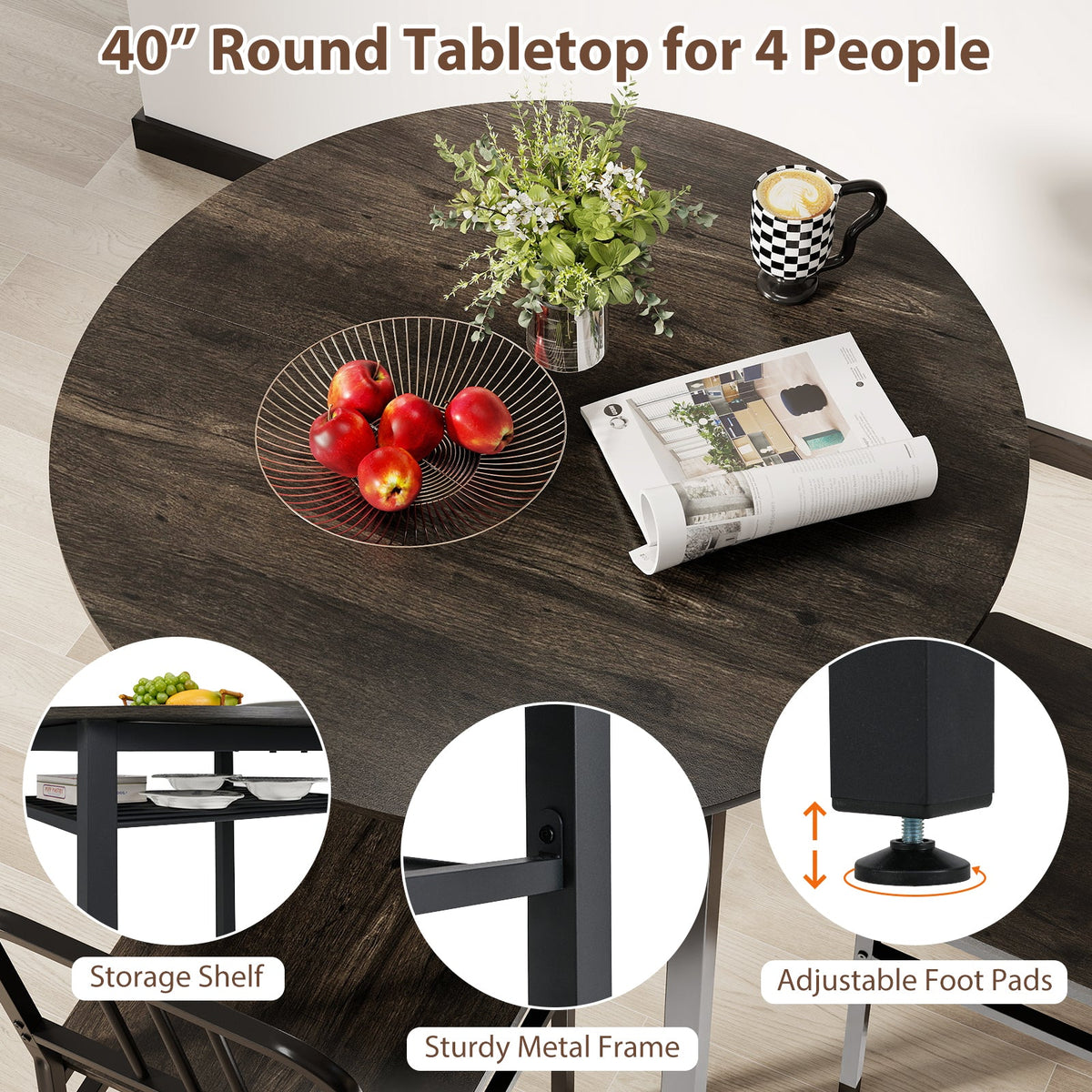Round dining table set with storage shelf, includes four chairs, ideal for modern dining rooms, by DirectDeals.