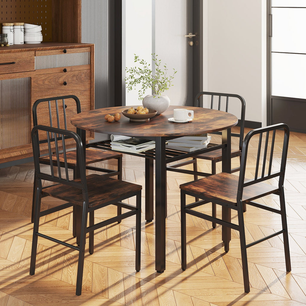 Round dining table set with storage shelf from DirectDeals, includes four chairs, ideal for a modern dining room.
