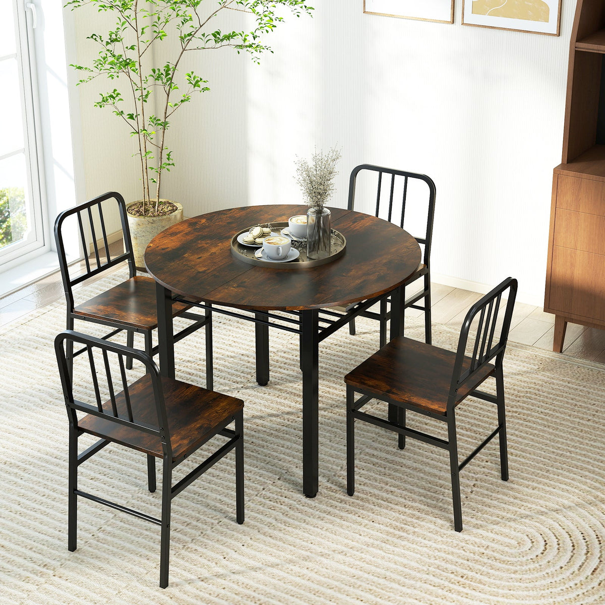 Round dining table set with storage shelf, includes four matching chairs, perfect for a modern dining room by DirectDeals.