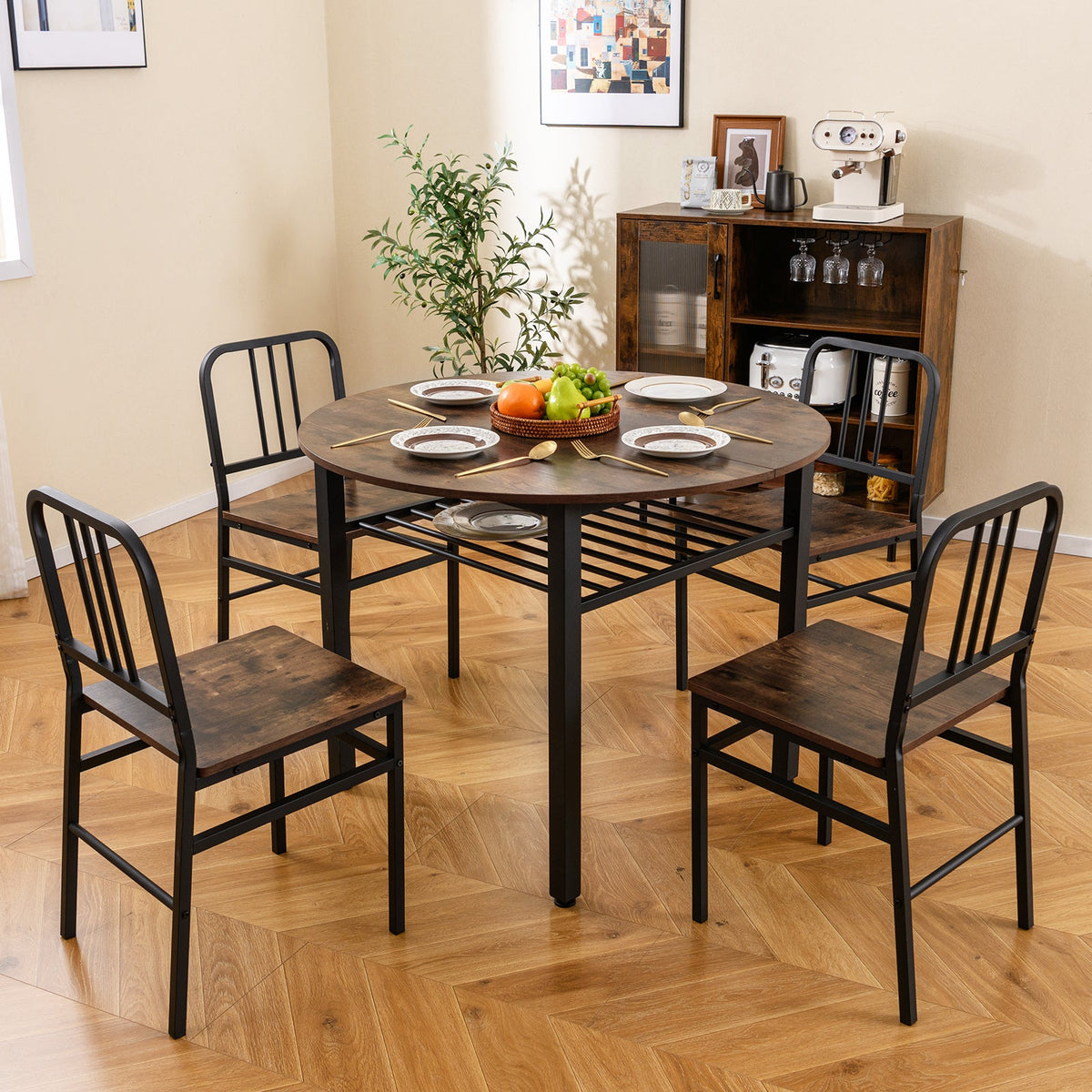 Round dining table set with storage shelf, includes four chairs, ideal for dining room, by DirectDeals.