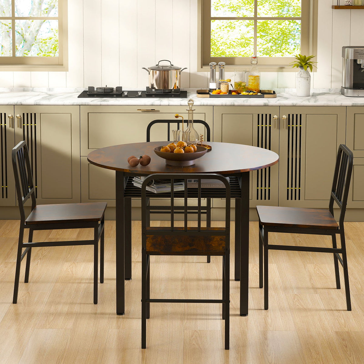 Round dining table set with five pieces and a storage shelf, ideal for a modern dining room by DirectDeals.