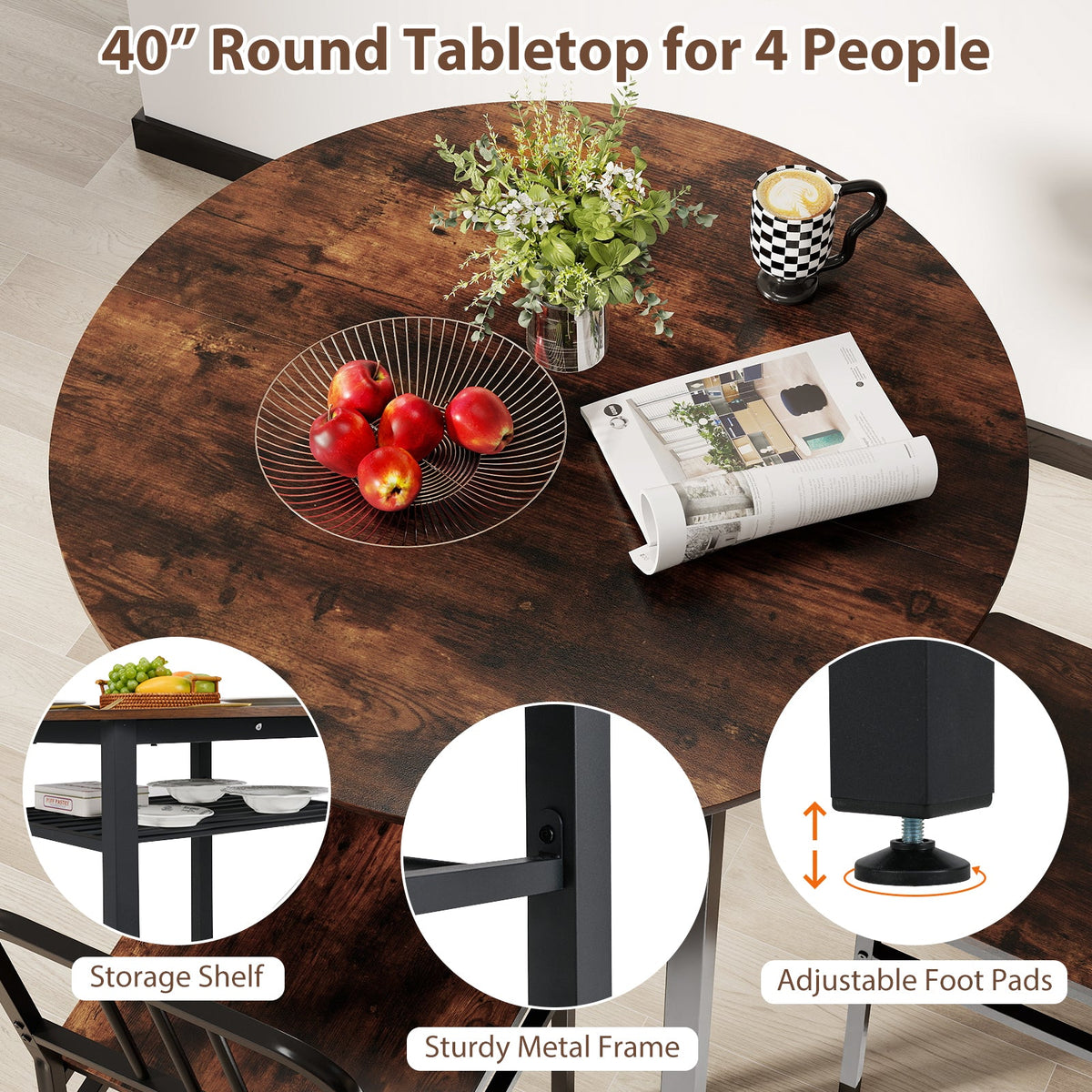 Round 5-piece dining table set with built-in storage shelf by DirectDeals, shown in a modern dining room setting.