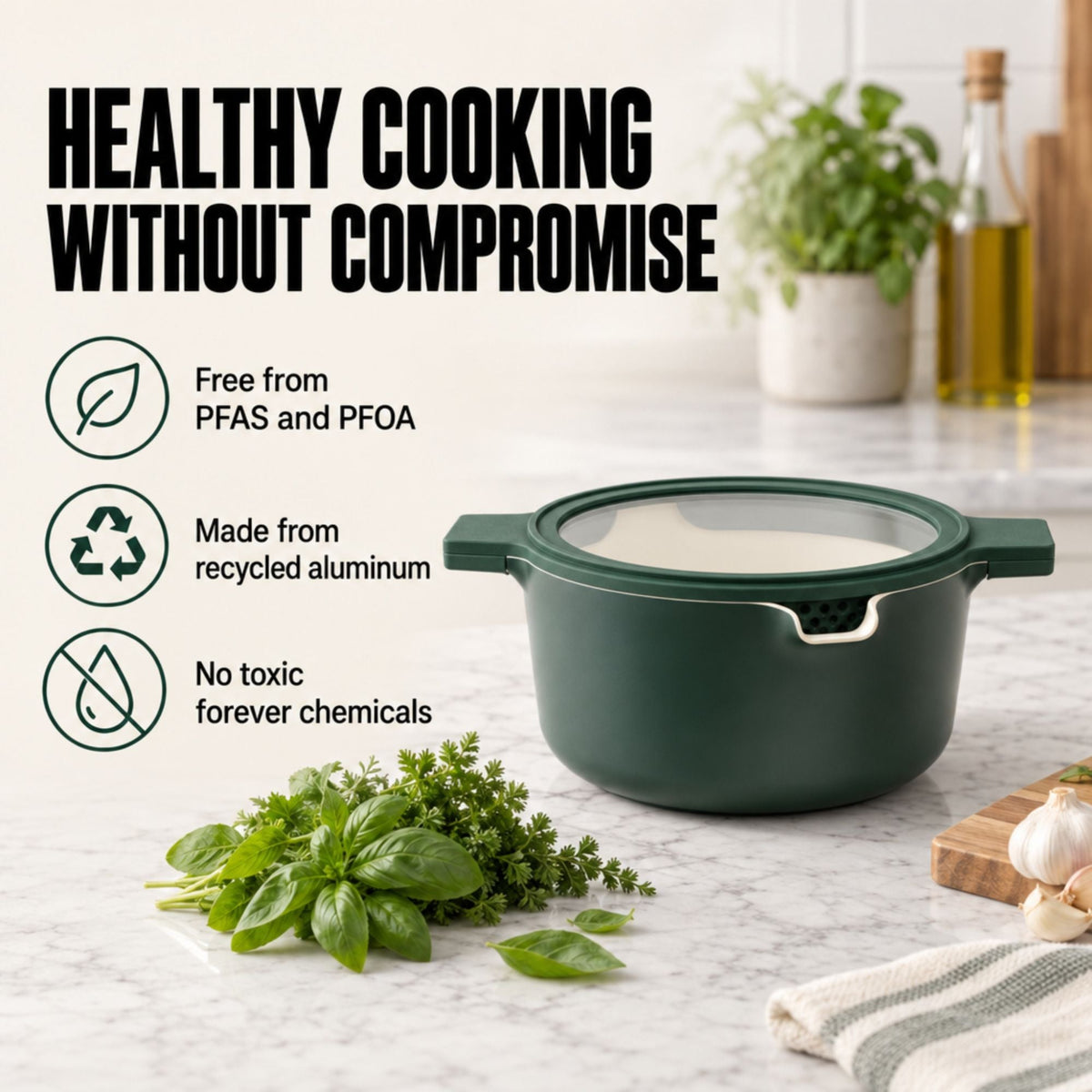 Alva Cookware 5-piece nesting ceramic nonstick cookware set with pots and pans, featuring colorful handles and glass lids.