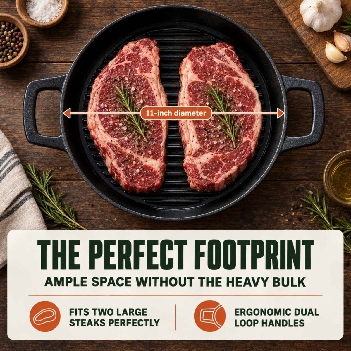 Enameled cast iron grill pan by Alva Cookware, 11-inch size with ridged surface for grilling and searing meats and vegetables.