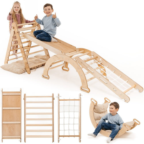 5in1 Montessori Climbing Set: Triangle Ladder + Arch/Rocker + Slide Board/Ramp + Netting rope + Cushion (5in1 Playsets) product photo