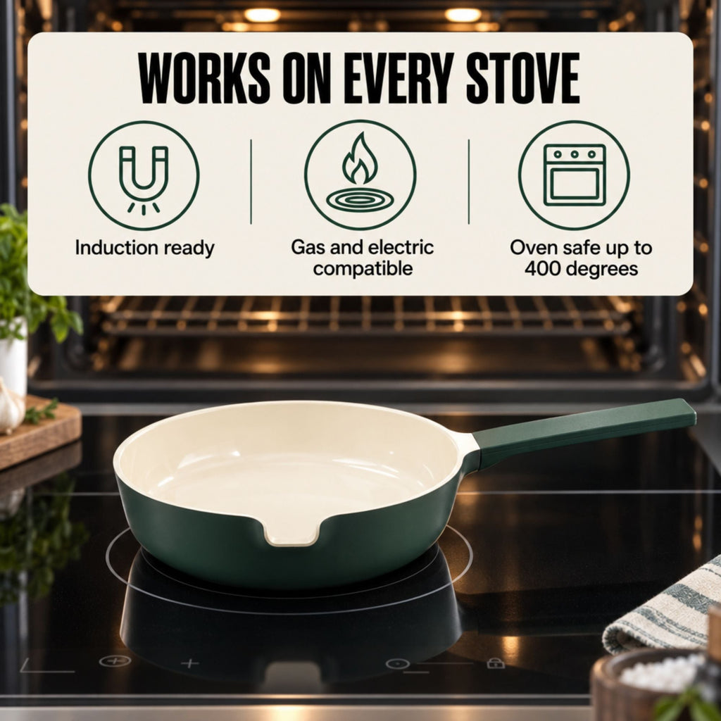 Alva Cookware 5-piece nesting ceramic nonstick cookware set with pots and pans arranged on a kitchen countertop.