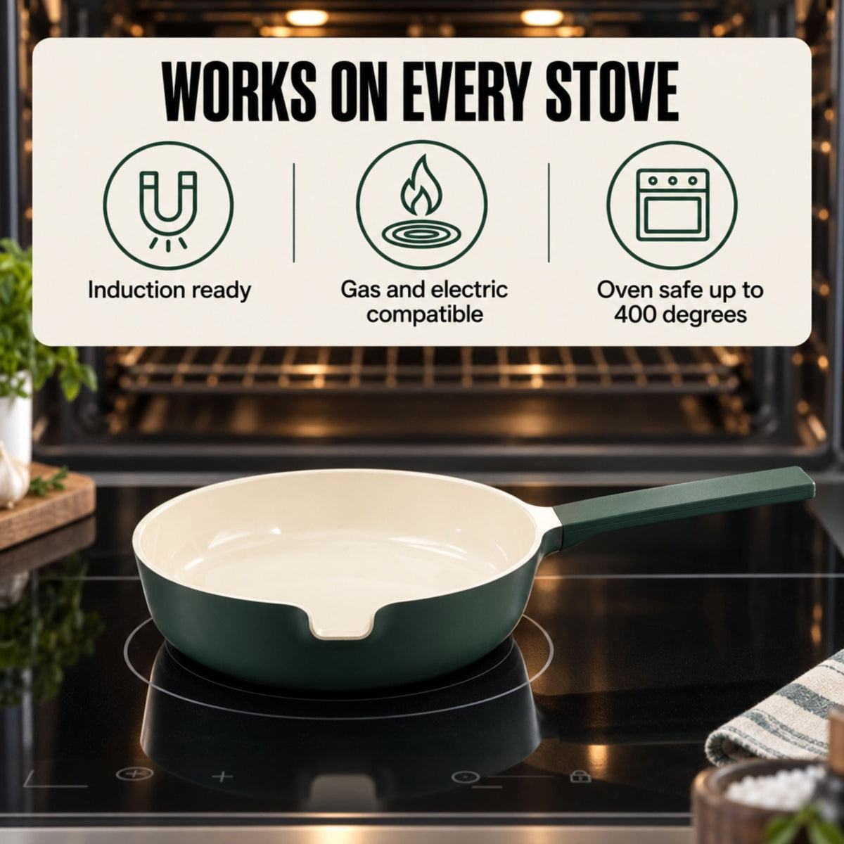 Alva Cookware 5-piece nesting ceramic nonstick cookware set with pots and pans arranged on a kitchen countertop.