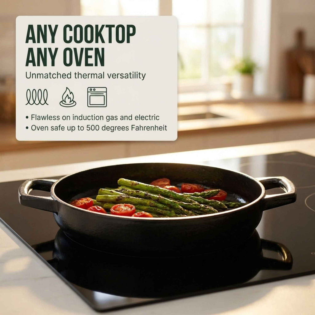 Alva Cookware 11-inch enameled cast iron grill pan with ridged cooking surface and vibrant red enamel finish.